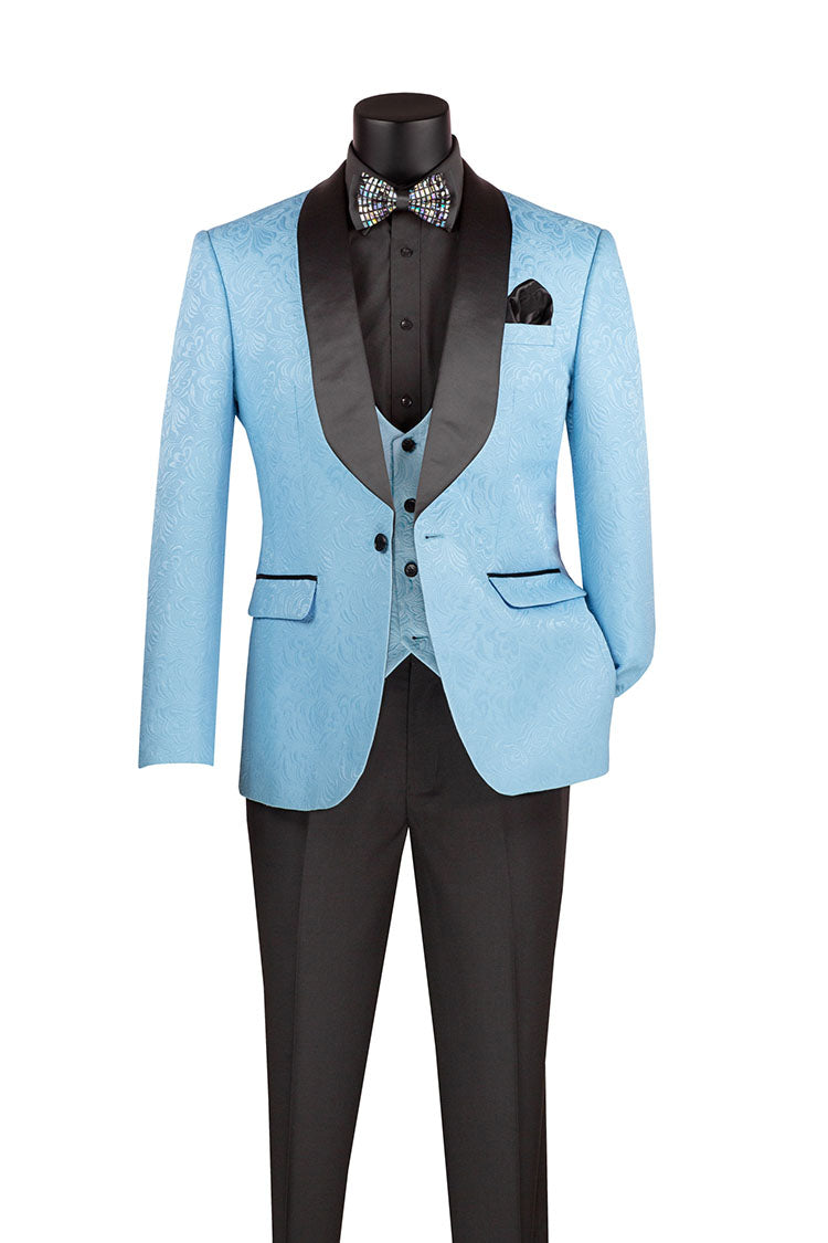 Slim Fit Tuxedo 3 Piece with Jacquard Pattern in Light Blue - Light Blue