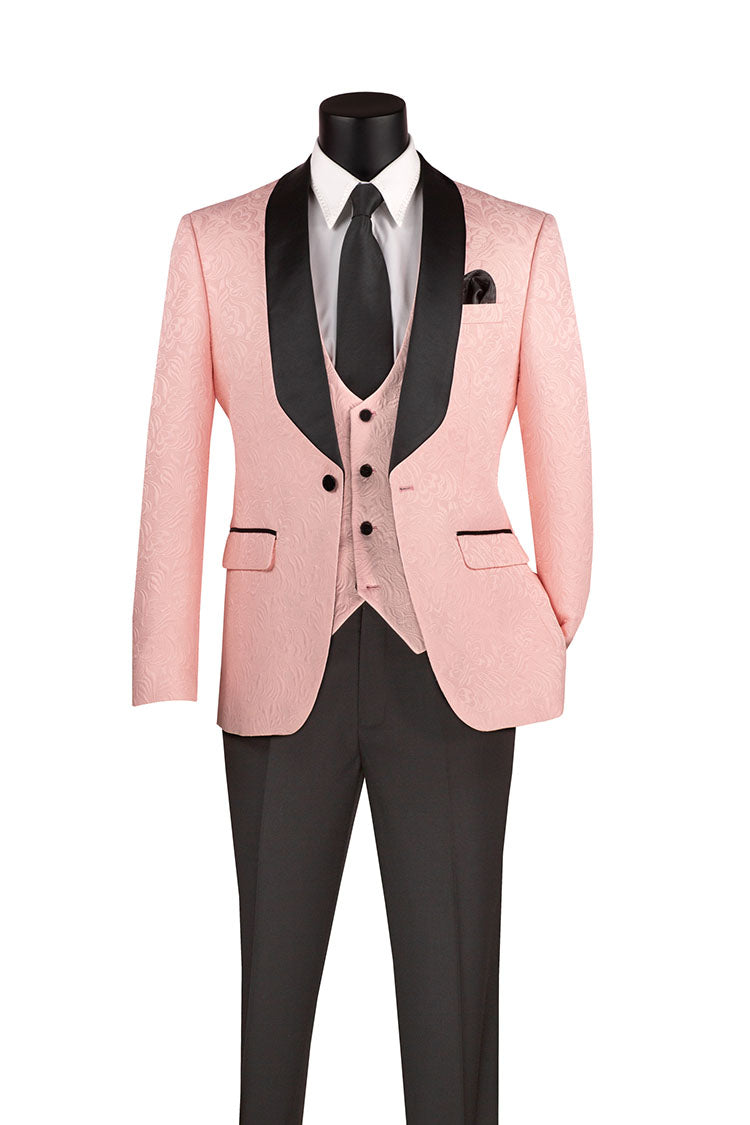 Slim Fit Tuxedo 3 Piece with Jacquard Pattern in Pink - Pink