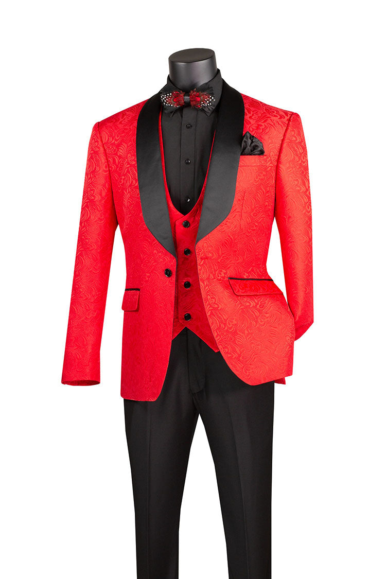 Slim Fit Tuxedo 3 Piece with Jacquard Pattern in Red - Red