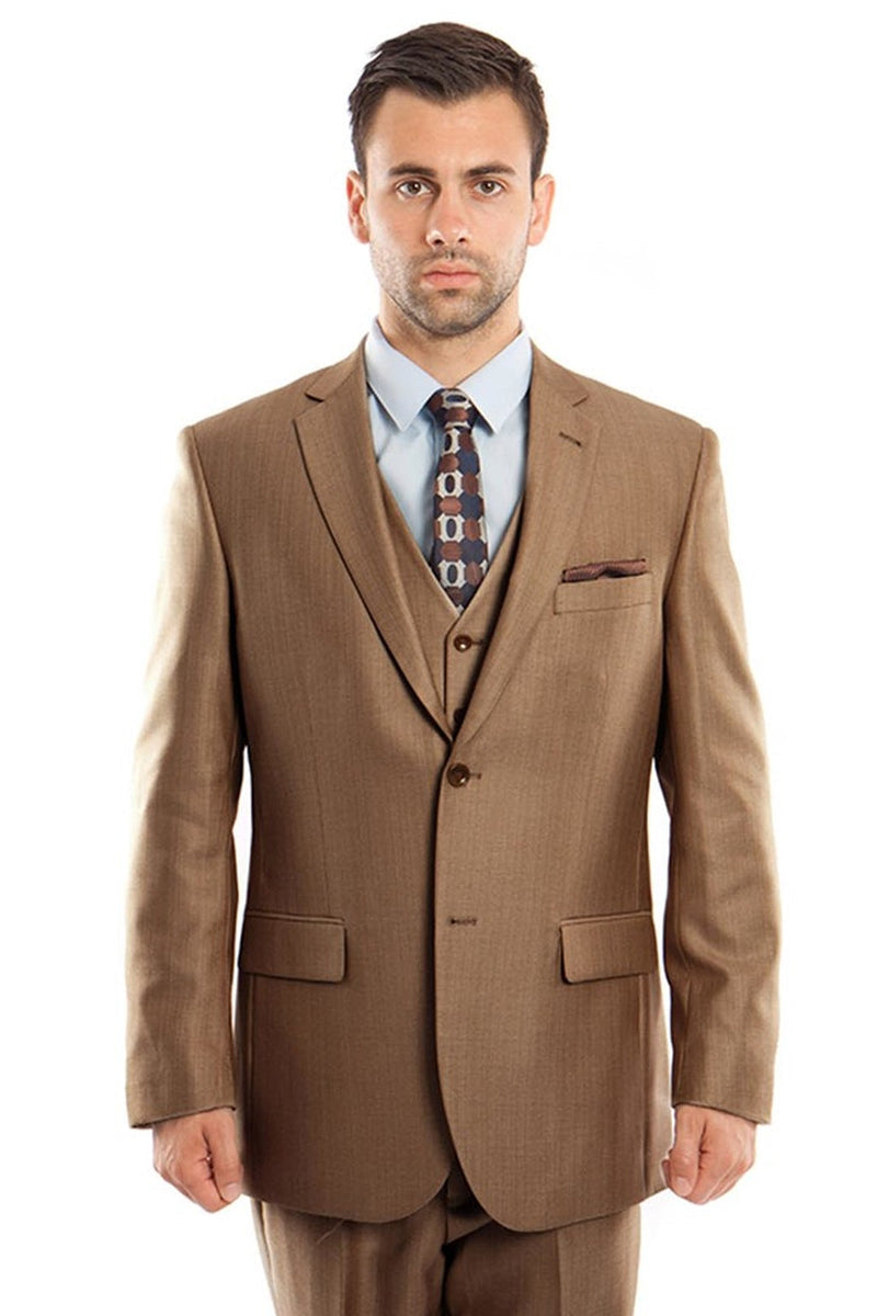 "Sharkskin Business Suit for Men - Two Button Vested in Dark Camel Toast" - 34 Short