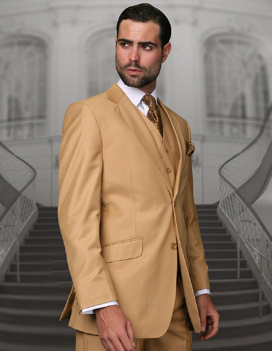 Mens Classic Fit Pleated Pant 2 Button Wool Suit in Camel - 56 Regular
