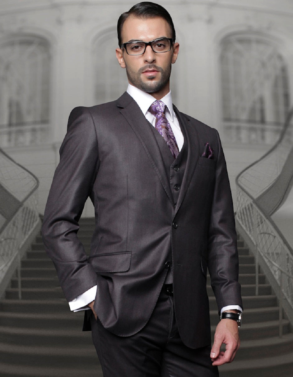 Mens Classic Fit Pleated Pant 2 Button Wool Suit in Charcoal Grey - 50 Regular