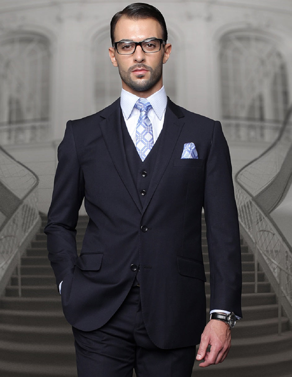 Mens Classic Fit Pleated Pant 2 Button Wool Suit in Navy Blue - 34 Short