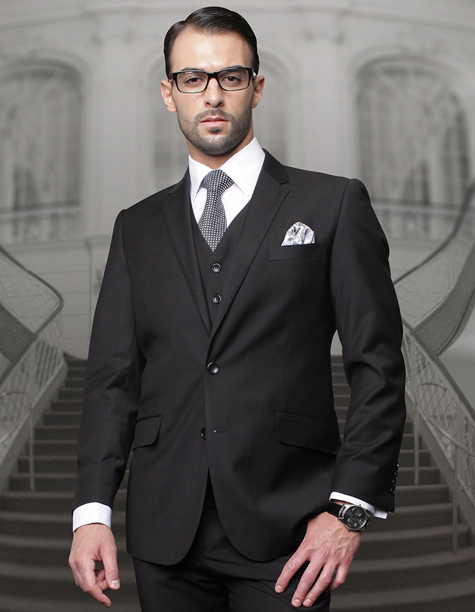 Mens Classic Fit Pleated Pant 2 Button Wool Suit in Black - 38 Regular