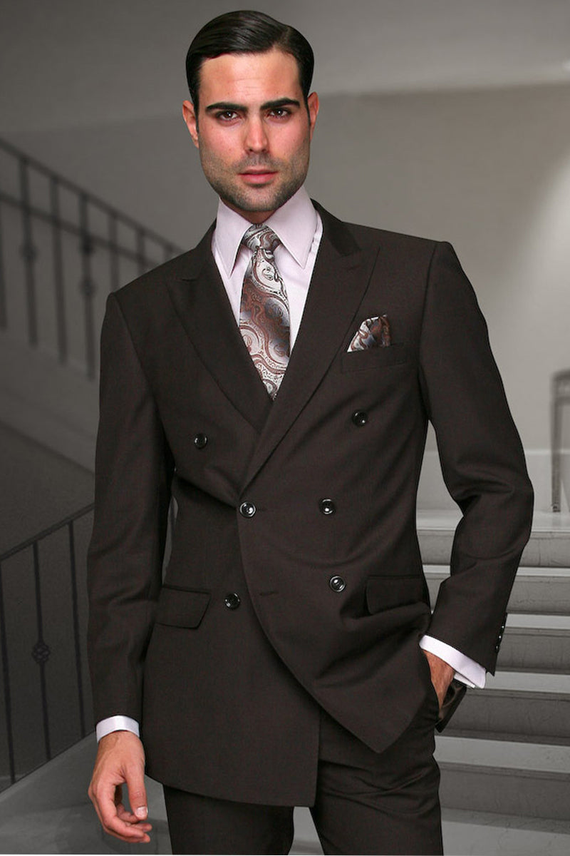 Men's Designer Double Breasted Wool Suit in Brown - 36 Short
