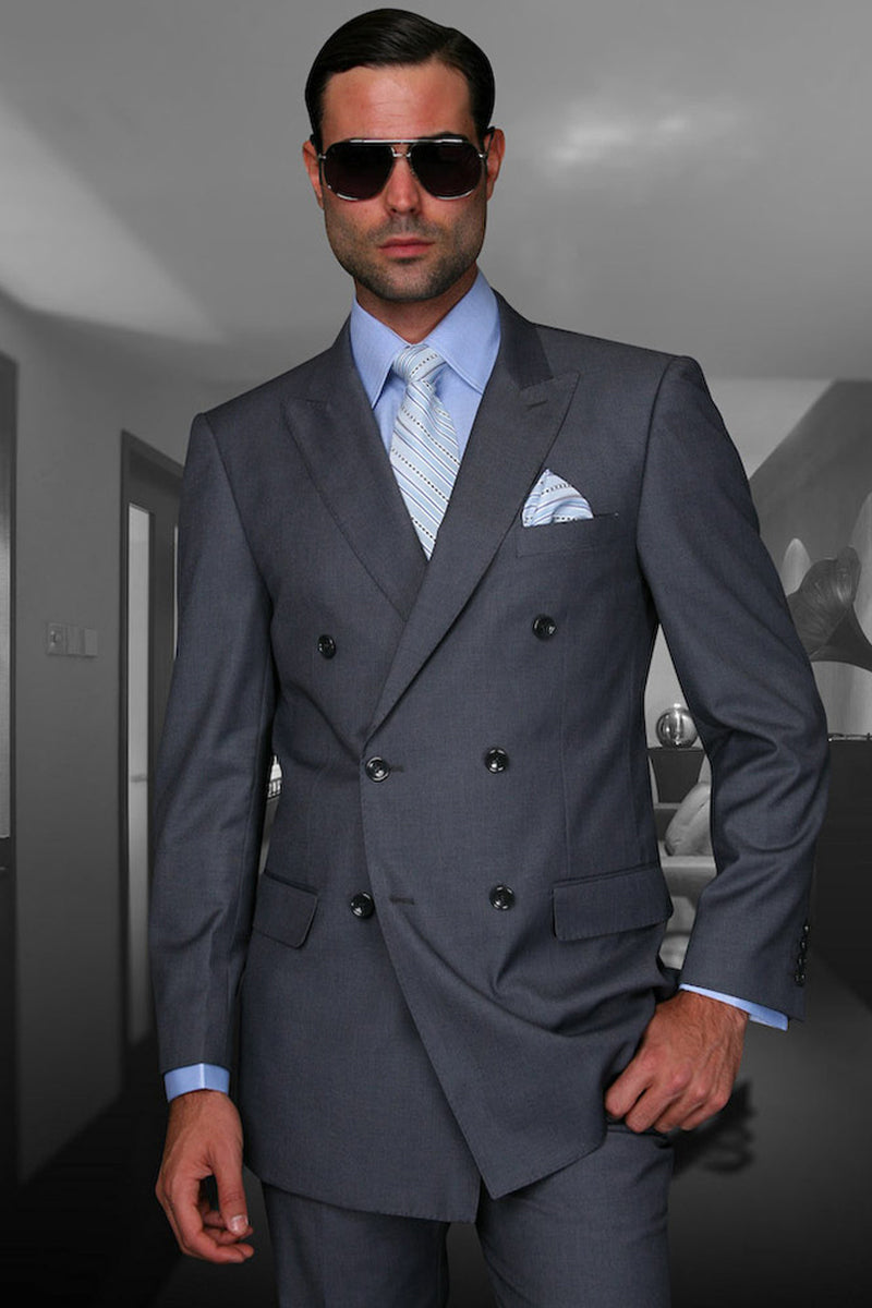 Men's Designer Double Breasted Wool Suit in Charcoal Grey - 36 Short