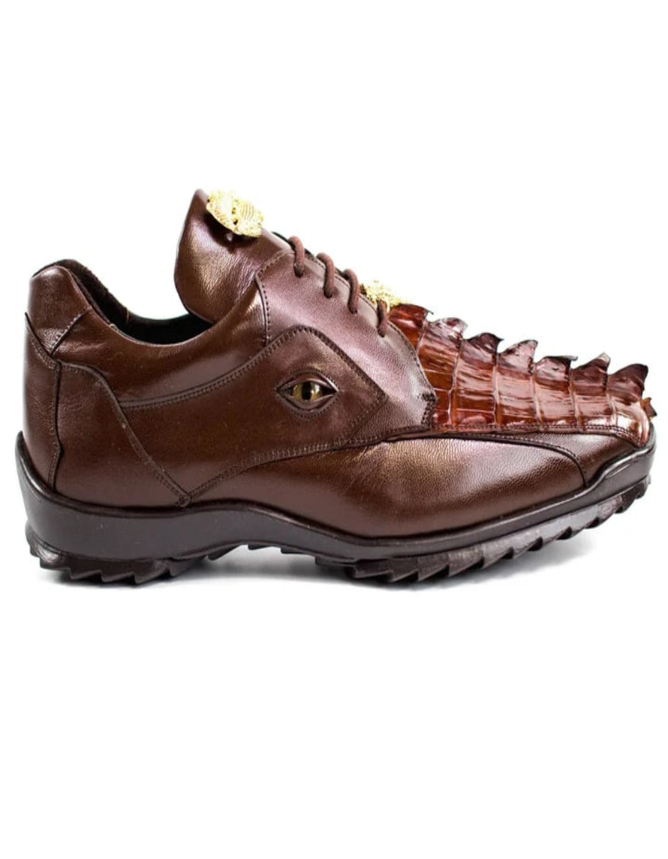 Men's Belvedere Vasco Calf & Crocodile Hornback Tabac Brown Tail Sneaker - US 8.0 Standard/D/ Medium / Eu:41-42