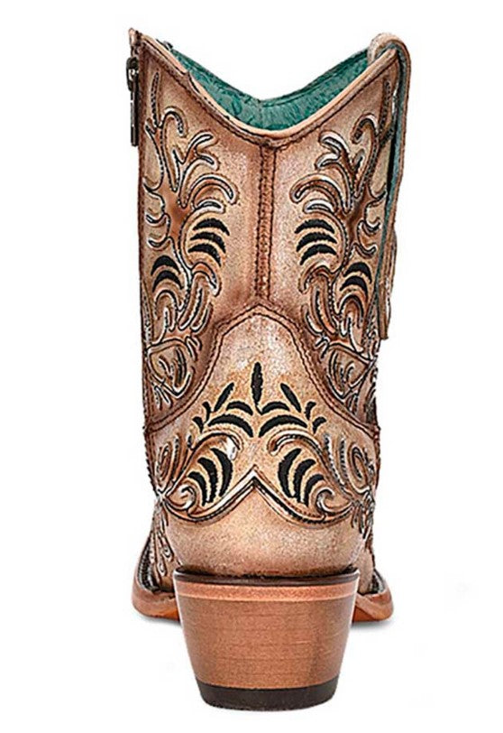 Tan Ankle Booties with Dark Embroidery and Mirrored Overlay and Toe Design - 8