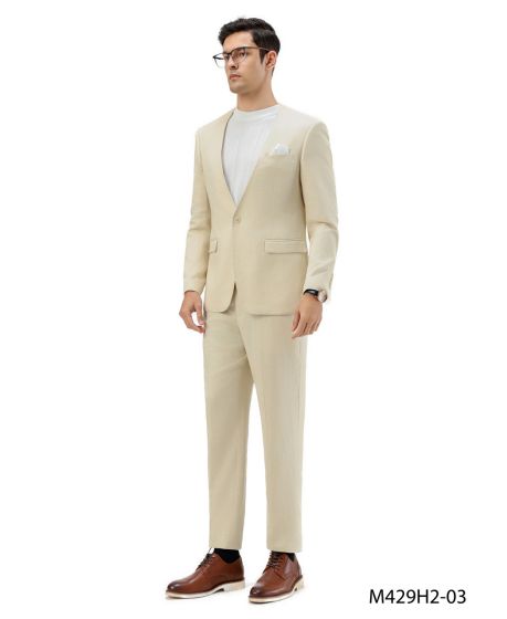Tan Linen Suit For Summer - Collarless Blazer and Pants Collarless Lapel - No Lapel Casual! - 34 Short or Extra Small