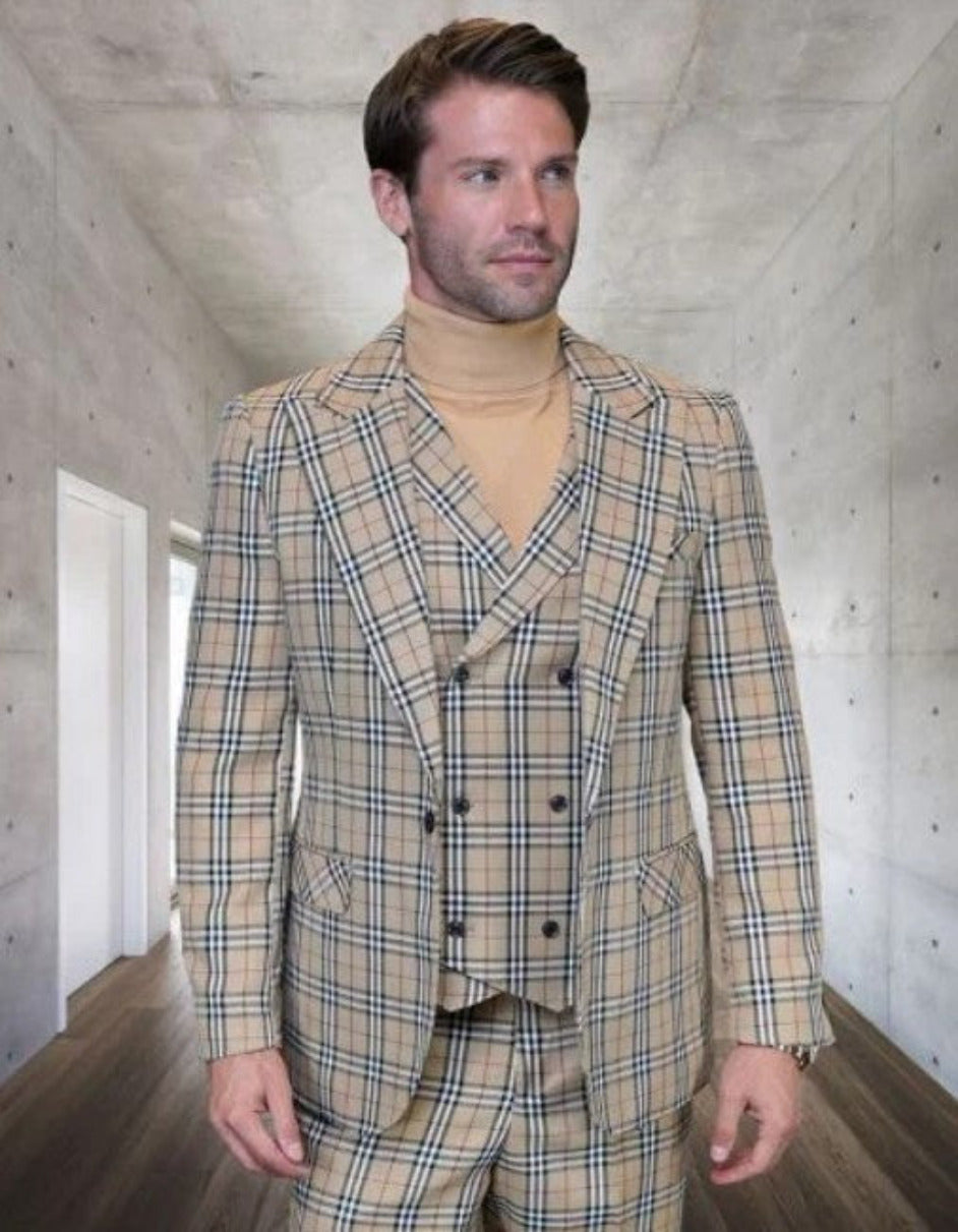 Tan Plaid Suit - Camel Khaki Tan Beige Color -  Double Breasted  Vested Mens Suit Windowpane Pattern - Modern Fit - 34 Short or Extra Small