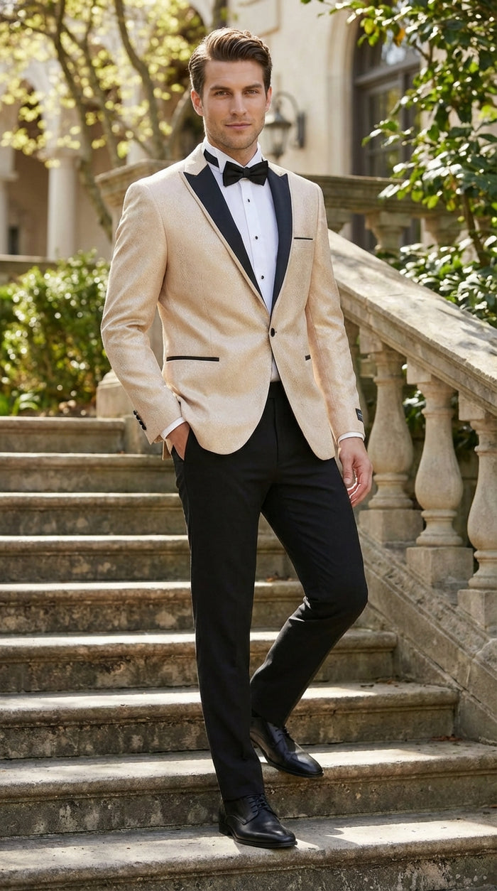 Mens Tan Tuxedo Blazer with Black Lapel Formal Dinner Jacket Suit + Pants for Wedding, Prom champaign beige color