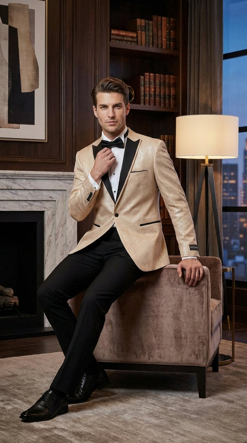 Mens Tan Tuxedo Blazer with Black Lapel Formal Dinner Jacket Suit + Pants for Wedding, Prom champaign beige color