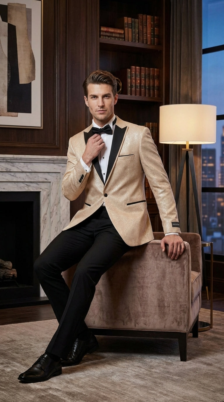 Mens Tan Tuxedo Blazer with Black Lapel Formal Dinner Jacket Suit + Pants for Wedding, Prom champaign beige color - 38 Short Jacket+32 Waist Adjustable 28to34)(Height: 5 4 to5 7 )(Neck  15-16.5)S-M)