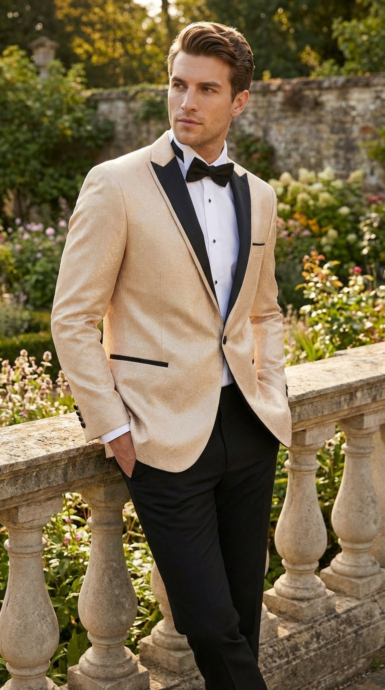 Mens Tan Tuxedo Blazer with Black Lapel Formal Dinner Jacket Suit + Pants for Wedding, Prom champaign beige color - 38 Short Jacket+32 Waist Adjustable 28to34)(Height: 5 4 to5 7 )(Neck  15-16.5)S-M)
