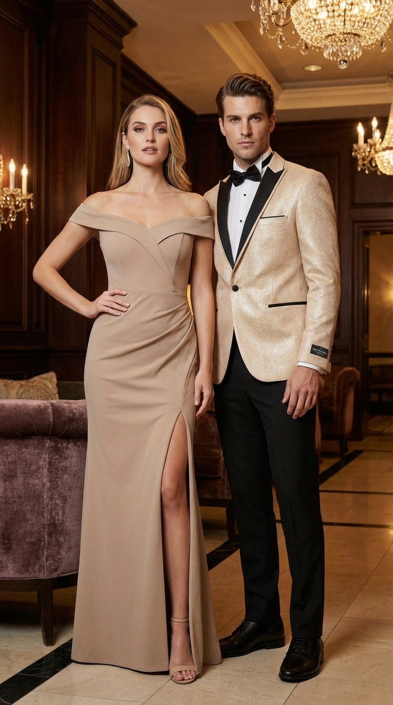 Mens Tan Tuxedo Blazer with Black Lapel Formal Dinner Jacket Suit + Pants for Wedding, Prom champaign beige color - 38 Short Jacket+32 Waist Adjustable 28to34)(Height: 5 4 to5 7 )(Neck  15-16.5)S-M)