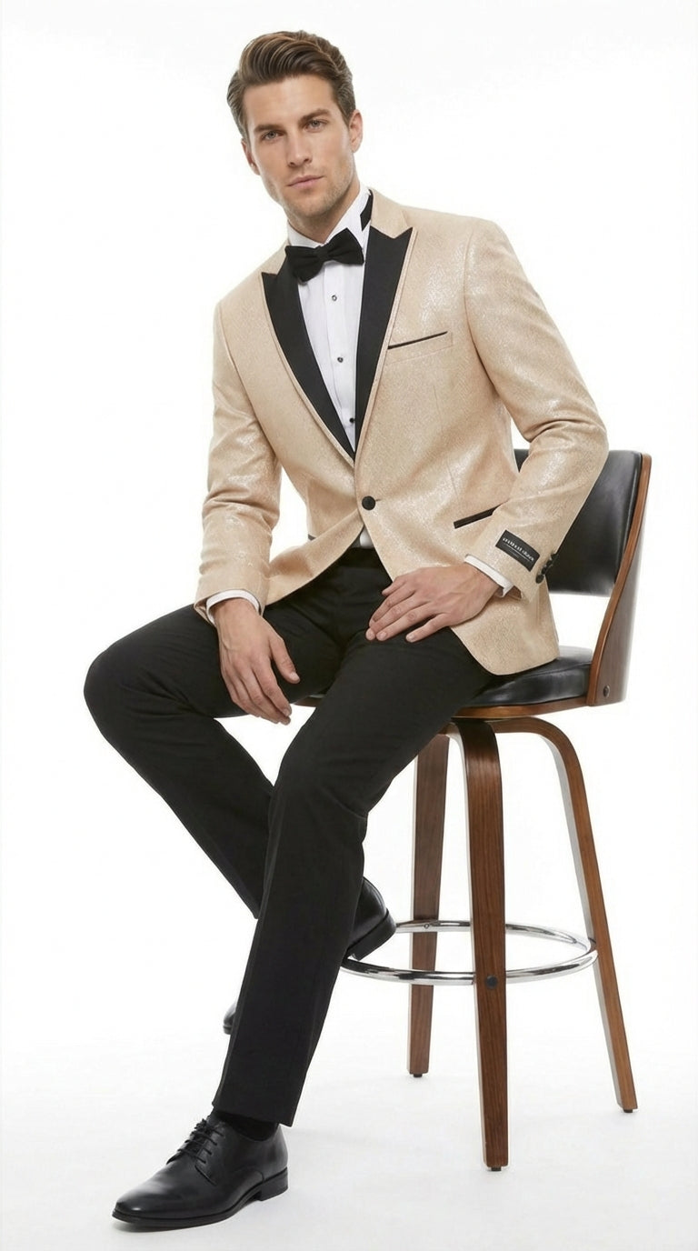 Mens Tan Tuxedo Blazer with Black Lapel Formal Dinner Jacket Suit + Pants for Wedding, Prom champaign beige color - 38 Short Jacket+32 Waist Adjustable 28to34)(Height: 5 4 to5 7 )(Neck  15-16.5)S-M)
