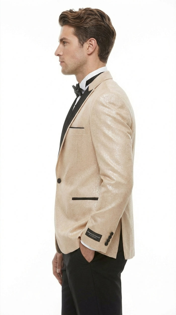 Mens Tan Tuxedo Blazer with Black Lapel Formal Dinner Jacket Suit + Pants for Wedding, Prom champaign beige color