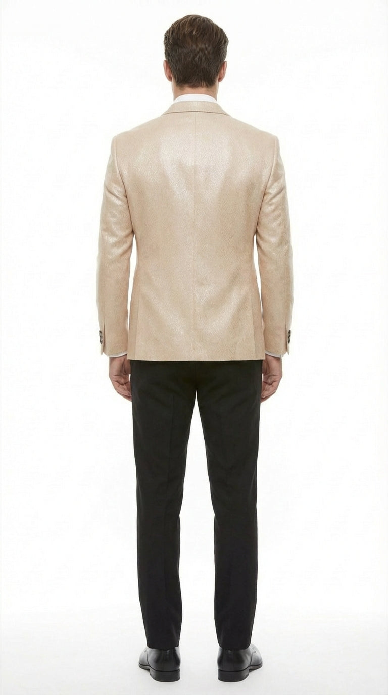 Mens Tan Tuxedo Blazer with Black Lapel Formal Dinner Jacket Suit + Pants for Wedding, Prom champaign beige color - 38 Short Jacket+32 Waist Adjustable 28to34)(Height: 5 4 to5 7 )(Neck  15-16.5)S-M)