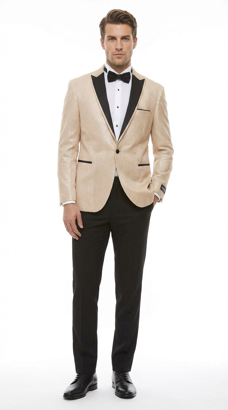 Mens Tan Tuxedo Blazer with Black Lapel Formal Dinner Jacket Suit + Pants for Wedding, Prom champaign beige color - 38 Short Jacket+32 Waist Adjustable 28to34)(Height: 5 4 to5 7 )(Neck  15-16.5)S-M)