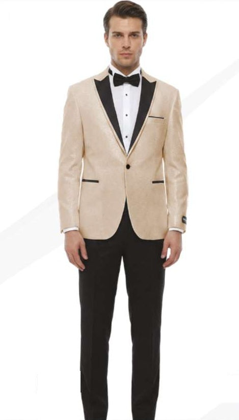 Mens Tan Tuxedo Blazer with Black Lapel Formal Dinner Jacket Suit + Pants for Wedding, Prom champaign beige color - 38 Short Jacket+32 Waist Adjustable 28to34)(Height: 5 4 to5 7 )(Neck  15-16.5)S-M)