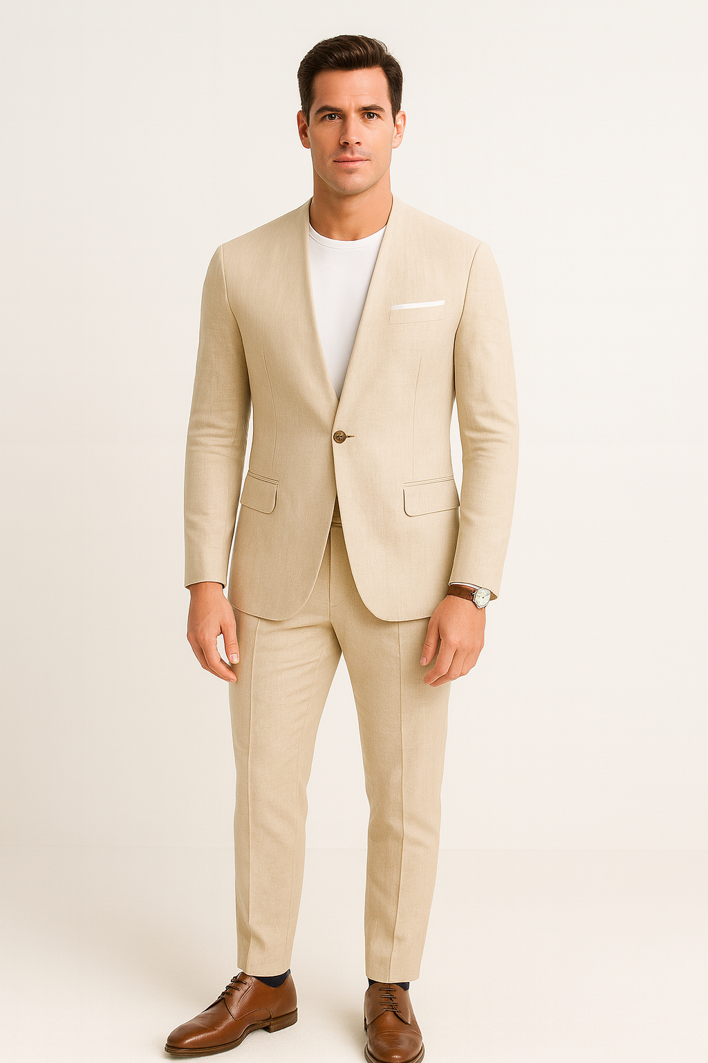 Tan Linen Suit For Summer - Collarless Blazer and Pants Collarless Lapel - No Lapel Casual! - 34 Short or Extra Small