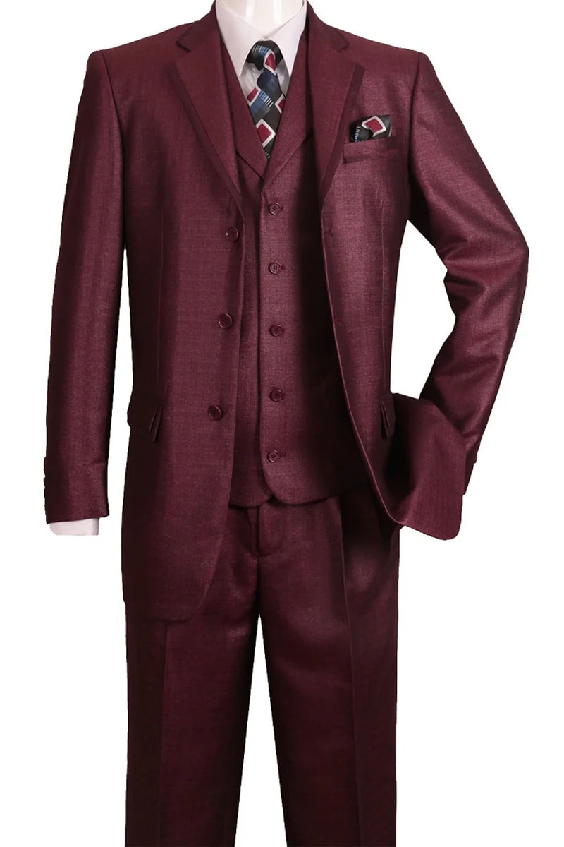 Mens 3 Button Vested Fashion Suit with Lapel Trim in Burgundy - 38 Short Jacket+32 Waist Adjustable 28to34)(Height: 5 4 to5 7 )(Neck  15-16.5)S-M)
