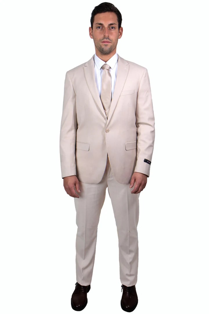 Cheap Suit - Men's One Button Peak Lapel Skinny Wedding & Prom Tan Suit With Lowcut Vest