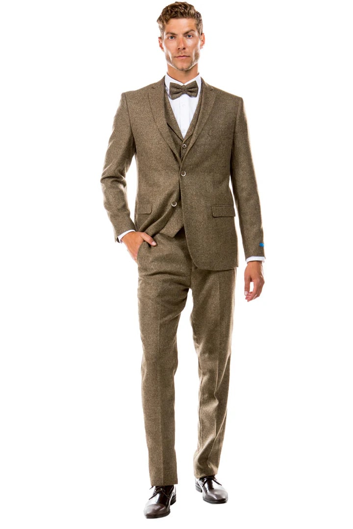 Cheap Suit - Men's Two Button Vested Vintage Style Tweed Wedding Tan Suit