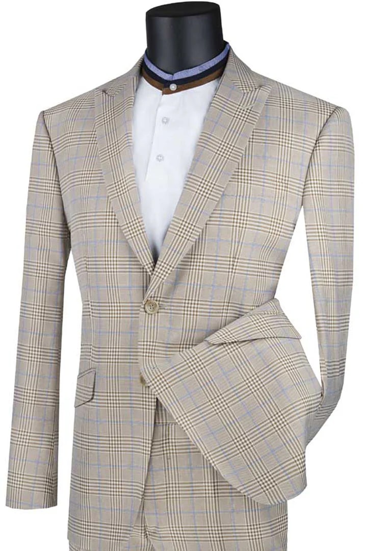 Cheap Priced Suit - Mens 2 Button Modern Fit Peak Lapel Plaid Tan Suit - 38 Short Jacket+32 Waist Adjustable 28to34)(Height: 5 4 to5 7 )(Neck  15-16.5)S-M)