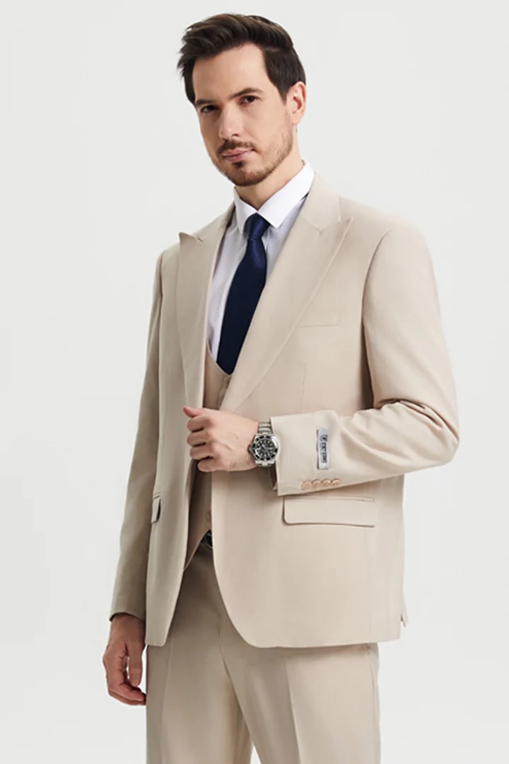 Cheap Priced Suit - Men's Vested Two Button Notch Lapel Stacy Adams Designer Tan Suit - 38 Short Jacket+32 Waist Adjustable 28to34)(Height: 5 4 to5 7 )(Neck  15-16.5)S-M)