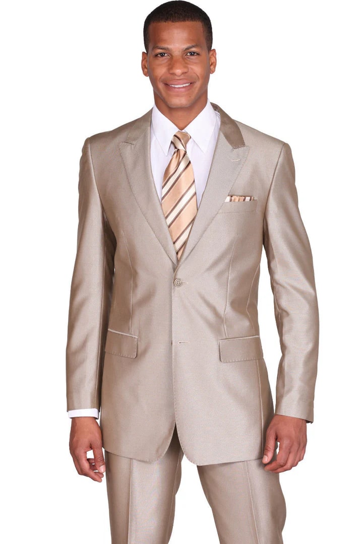 Cheap Priced Suit - Mens 2 Button Slim Fit Peak Lapel Shiny Sharkskin Tan Suit - 38 Short Jacket+32 Waist Adjustable 28to34)(Height: 5 4 to5 7 )(Neck  15-16.5)S-M)