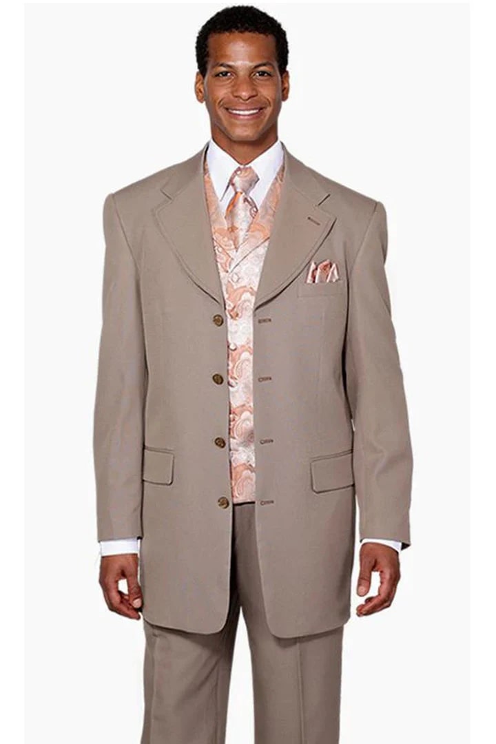 Cheap Suit - Mens 4 Button Long Vested Fashion Suit In Tan With Paisley Vest