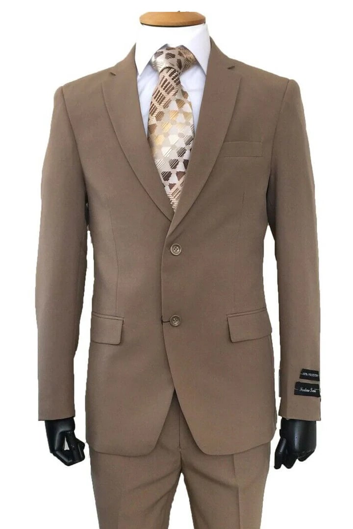 Cheap Suit - Mens 2 Button Slim Fit Poplin Basic Tan Suit