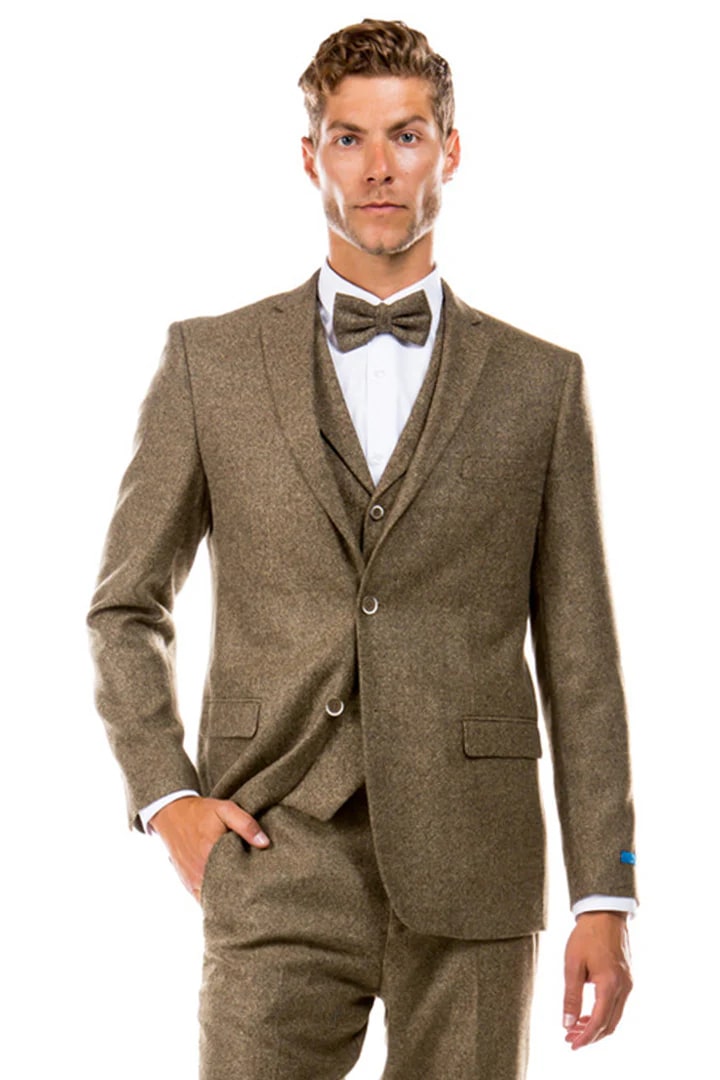 Cheap priced Suit- Men's Two Button Vested Vintage Style Tweed Wedding Tan Suit - 38 Short Jacket+32 Waist Adjustable 28to34)(Height: 5 4 to5 7 )(Neck  15-16.5)S-M)