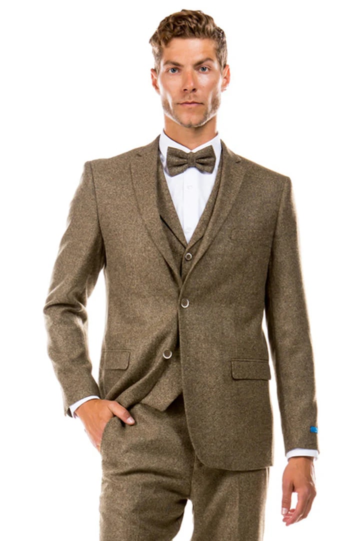 Cheap Suit - Men's Two Button Vested Vintage Style Tweed Wedding Tan Suit