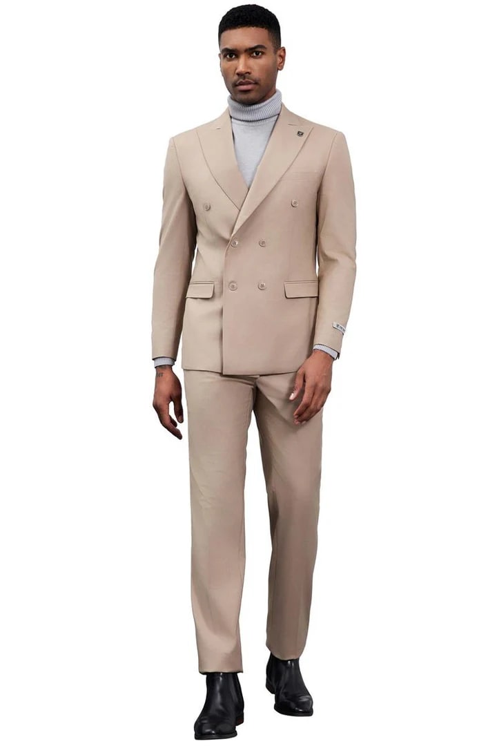 Cheap Priced Suit - Men's Designer Stacy Adams Classic Double Breasted Tan Suit - 38 Short Jacket+32 Waist Adjustable 28to34)(Height: 5 4 to5 7 )(Neck  15-16.5)S-M)
