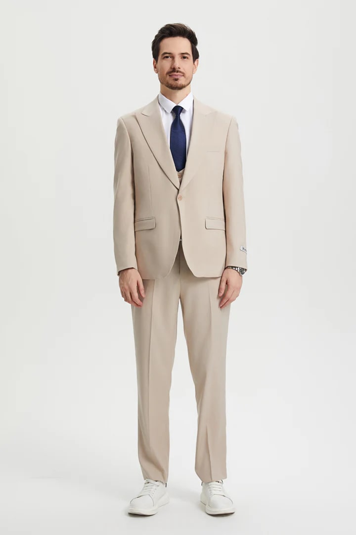 Cheap Priced Suit - Men's Vested Two Button Notch Lapel Stacy Adams Designer Tan Suit - 38 Short Jacket+32 Waist Adjustable 28to34)(Height: 5 4 to5 7 )(Neck  15-16.5)S-M)