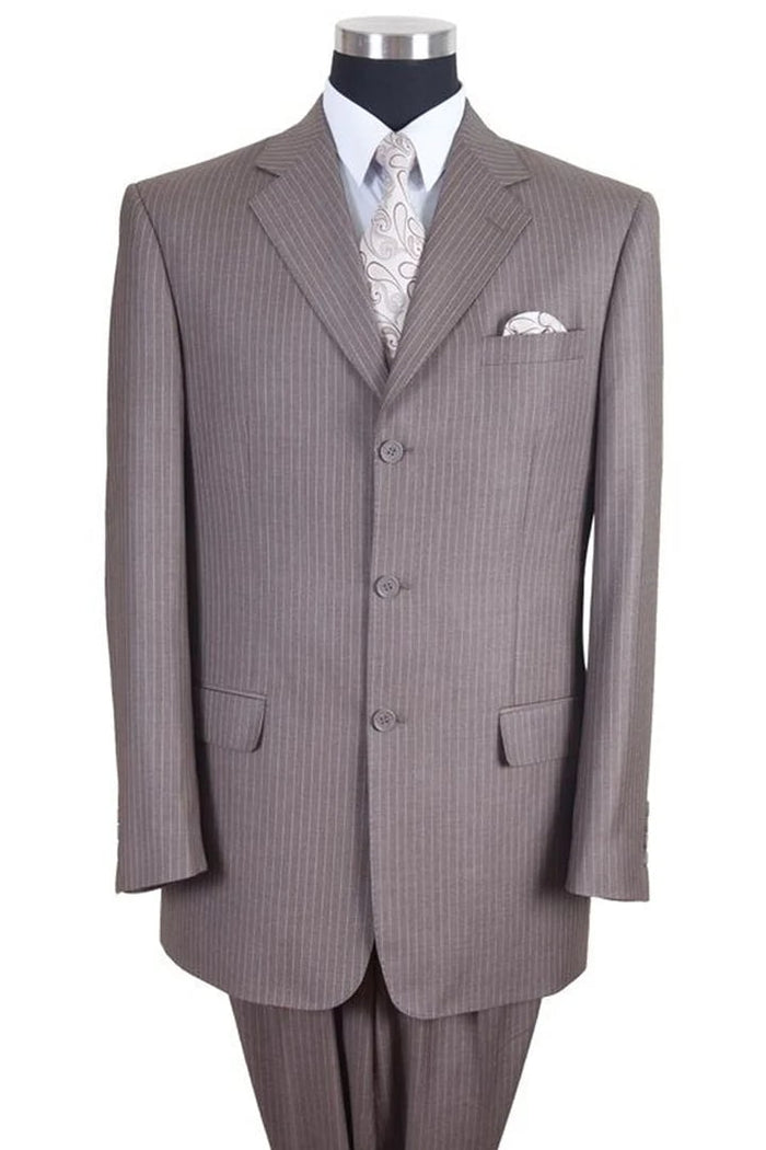 Cheap Priced Suit - Mens Classic Fit 3 Button Banker Pinstripe Tan Suit