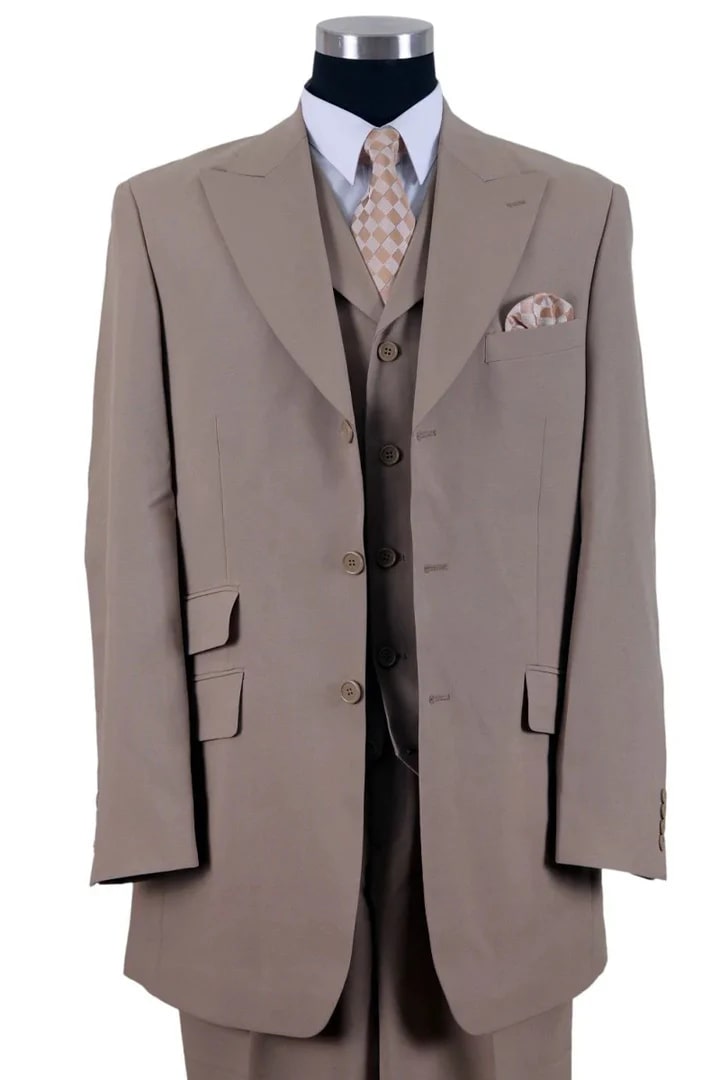 Cheap Priced Suit - Mens 3 Button Vested Wide Peak Lapel Fashion Tan Suit - 38 Short Jacket+32 Waist Adjustable 28to34)(Height: 5 4 to5 7 )(Neck  15-16.5)S-M)