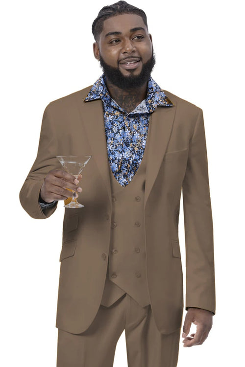 Cheap priced Suit  - Mens Modern Two Button Vested Peak Lapel Tan Suit With Double Breasted Vest