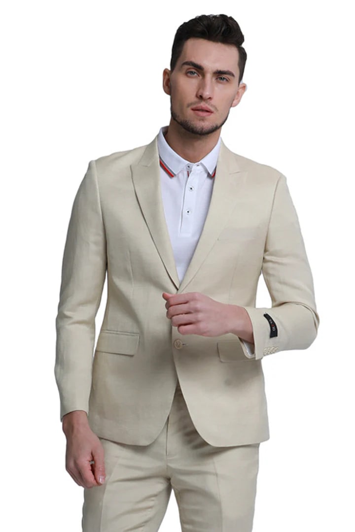 Cheap Priced Suit- Men's Two Button Peak Lapel Summer Linen Style Beach Wedding Tan Suit - 38 Short Jacket+32 Waist Adjustable 28to34)(Height: 5 4 to5 7 )(Neck  15-16.5)S-M)