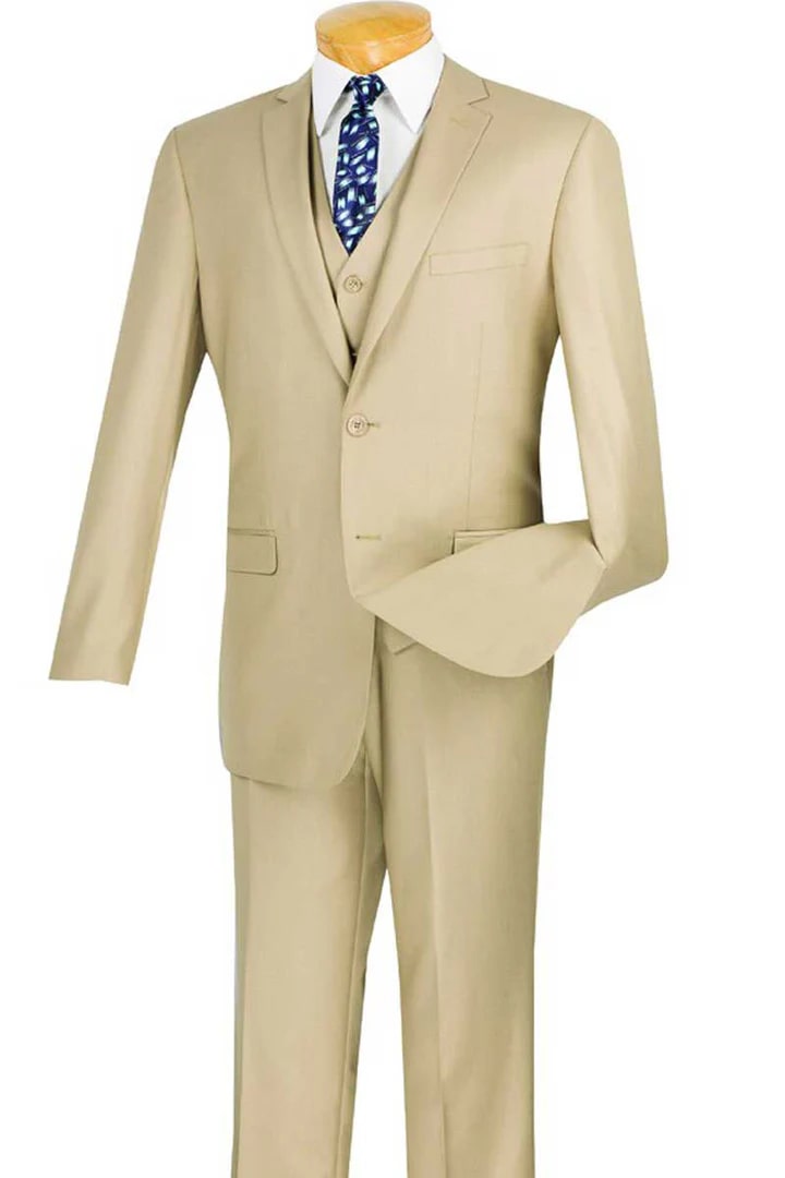 Cheap Suit - Mens Basic 2 Button Vested Slim Fit Tan Suit