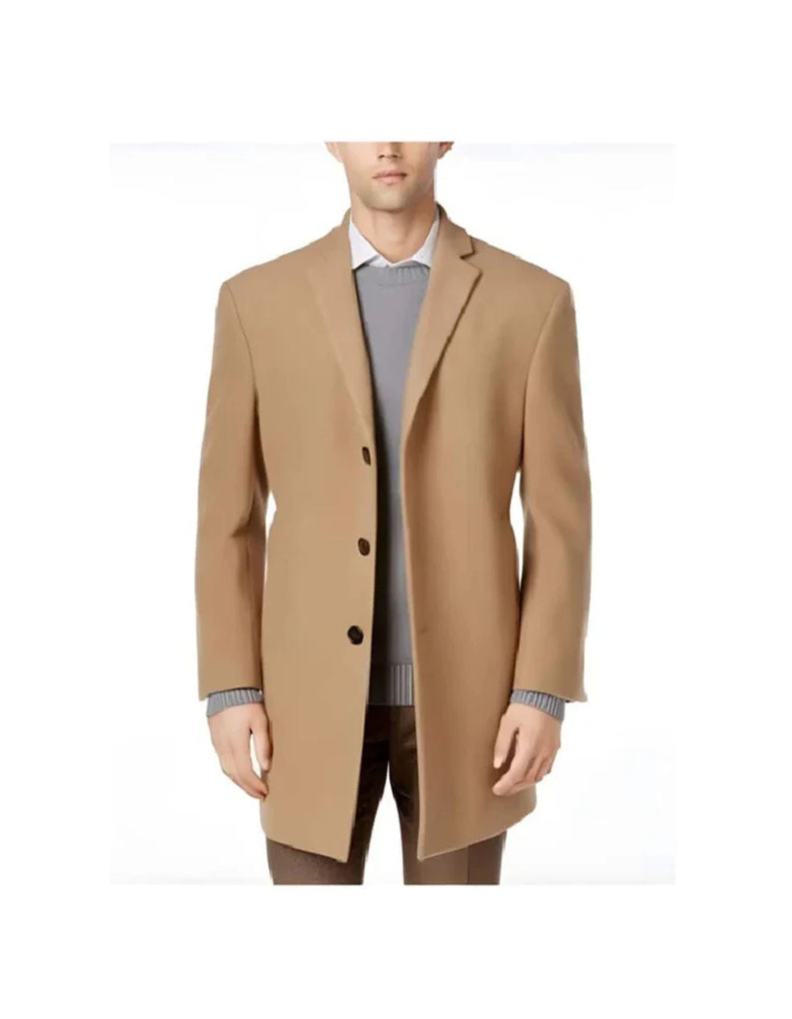 Long Jacket Single Breasted Wool men's Car Coat Mid Length Three quarter length coat Tan - Coat Size 38