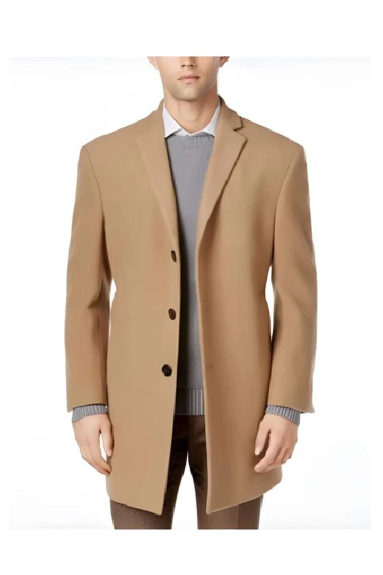Long Jacket Wool men's Car Coat Mid Length Three quarter length coat Tan - Coat Size 38