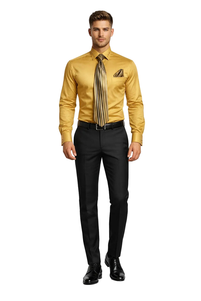 French Cuff + Tie + Handkerchief Men's Dress Shirt With Tie