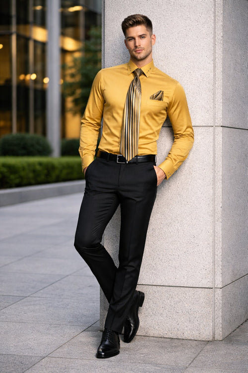 French Cuff + Tie + Handkerchief Men's Dress Shirt With Tie