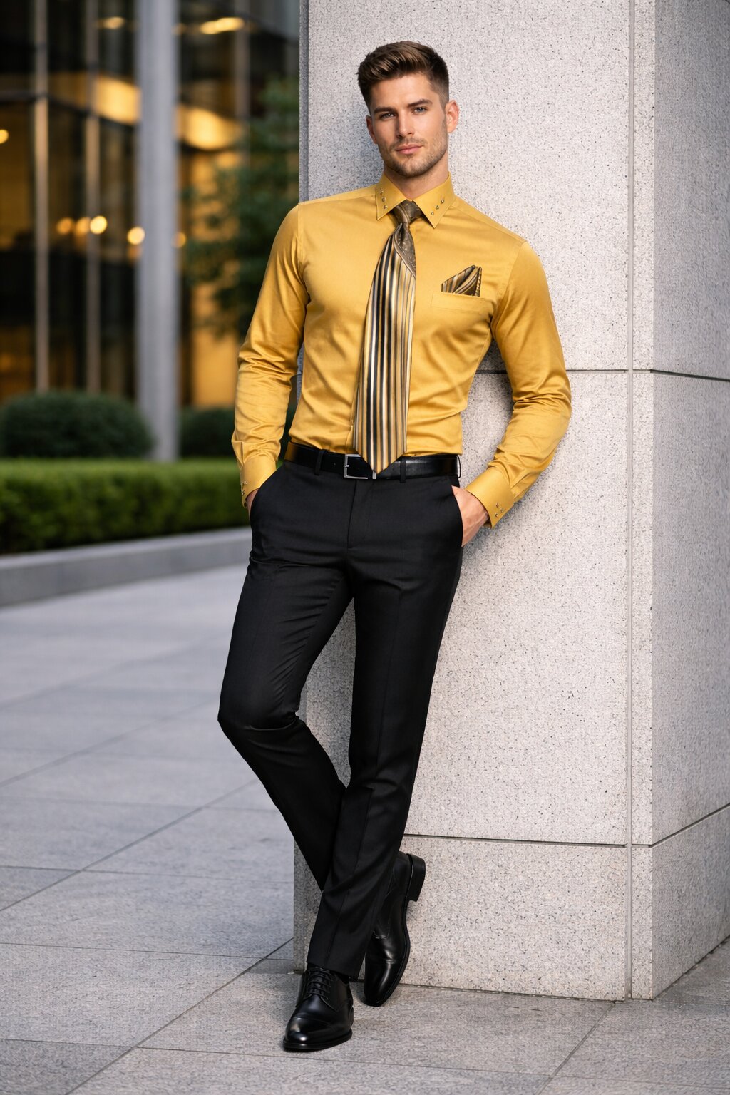 French Cuff + Tie + Handkerchief Men's Dress Shirt With Tie