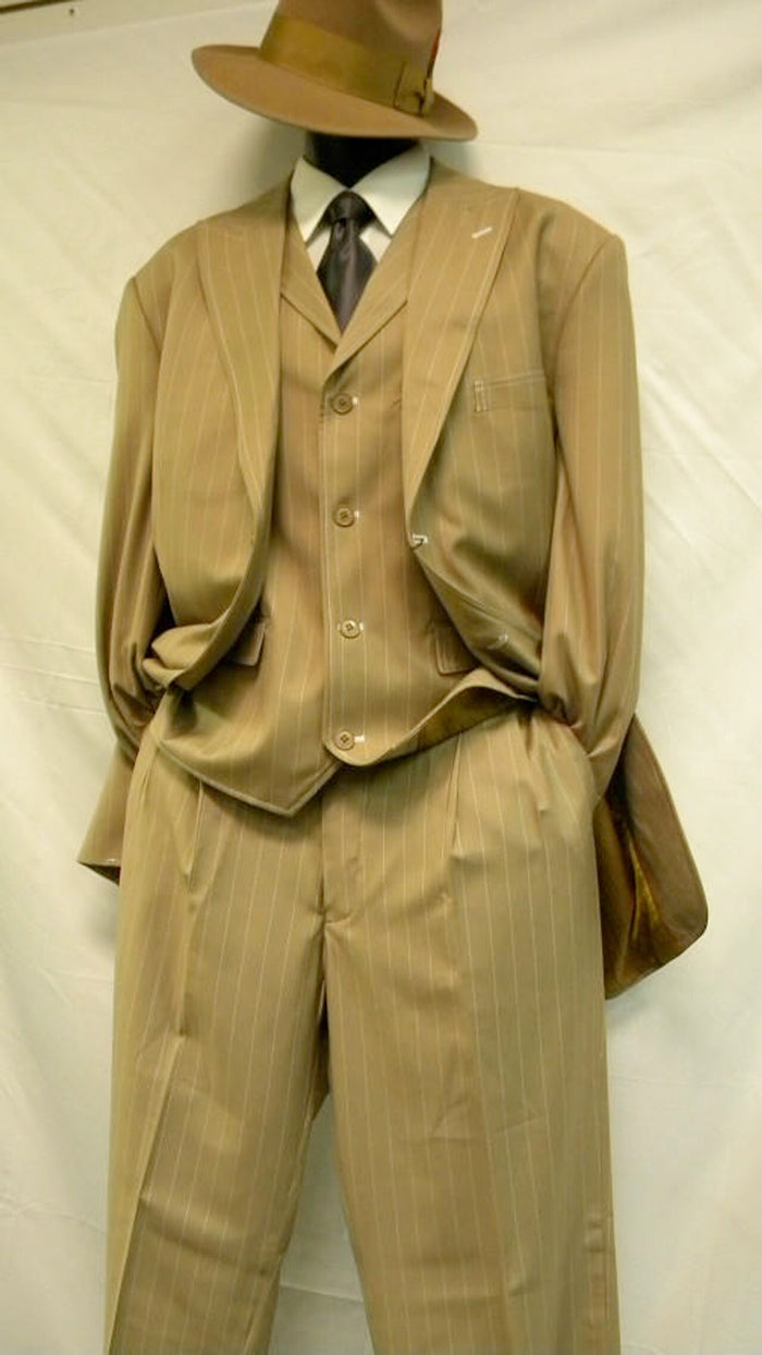 Mens Brown Pinstripe Zoot Suit 1920s Gangster Vintage 3-Piece Suit with Wide-Leg Pants and Fedora Look - Three Buttons