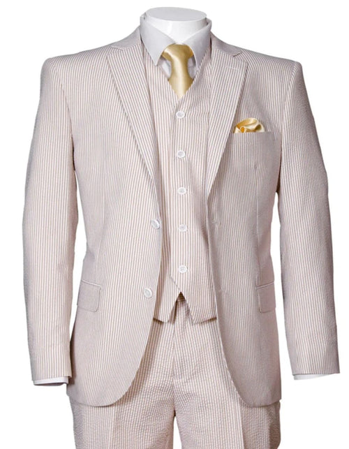 Mens 2 Button Jacket + Pants Summer Seersucker Tan Suit