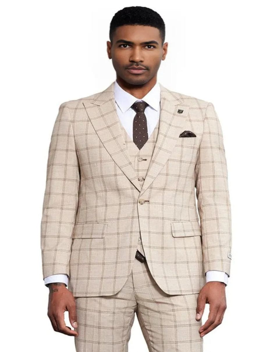 Men's Stacy Adams One Button Peak Lapel Vested Windowpane Tan Plaid Suit - Coat Size 38